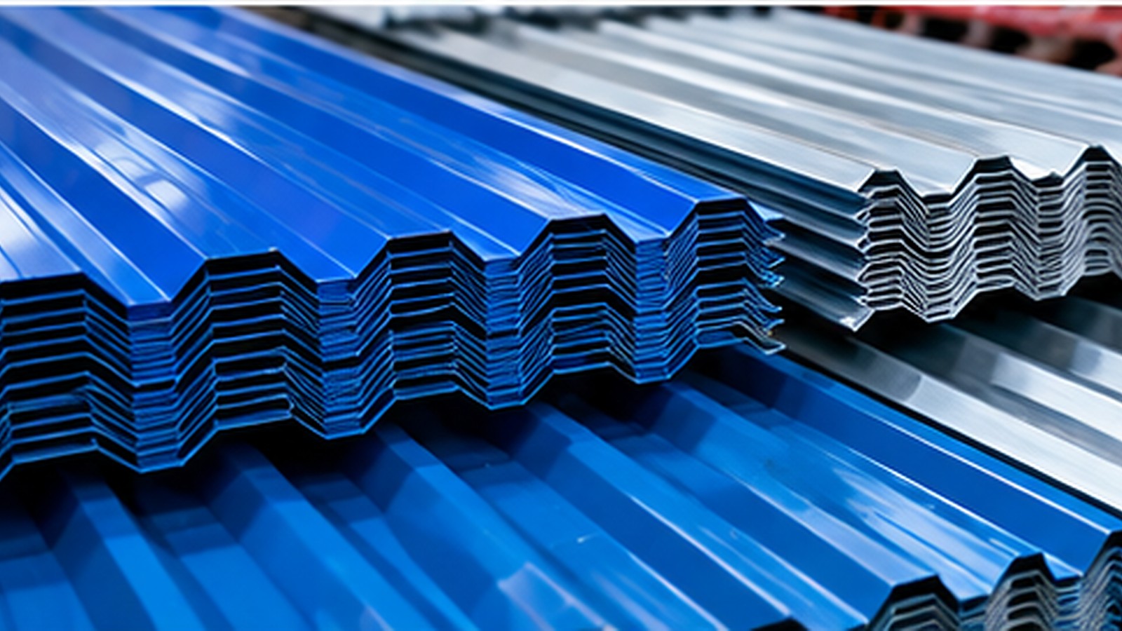 Blue and galvanized corrugated steel sheets